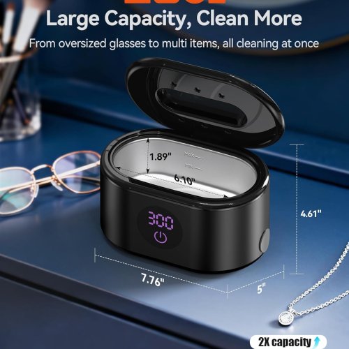 Ultrasonic Jewelry Cleaner, 48KHz Ultrasonic Cleaner Machine with 20oz 304 Stainless Steel Tank, Dual Modes & LED Display - for Jewelry, Eyeglasses, Watches, Dentures, Retainers & More-Black thumbnail