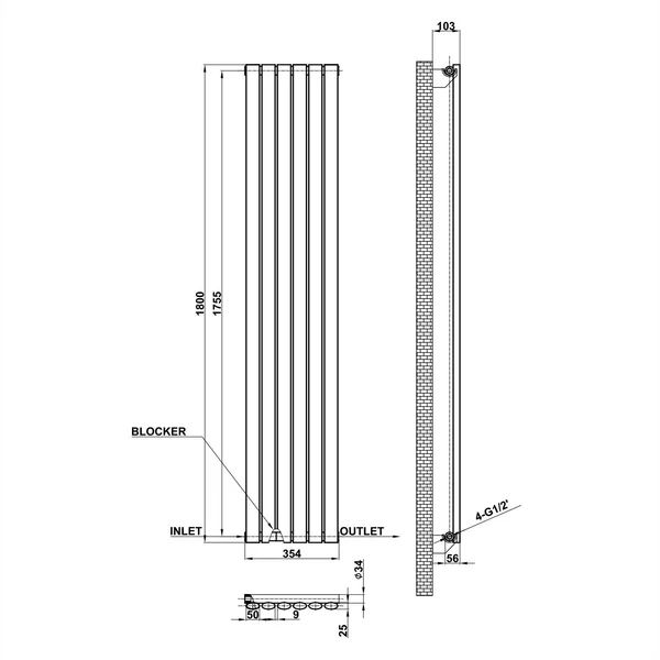 Vertical Designer Oval Column Home Radiator 1800x354mm Single White & Anthracite thumbnail