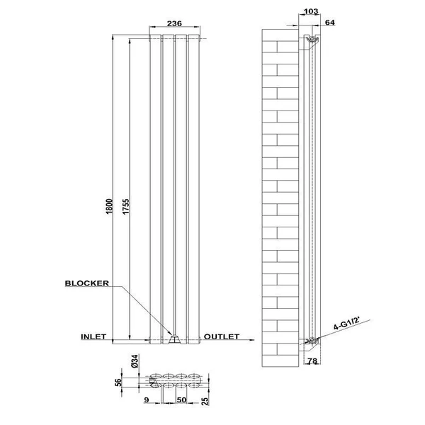 Vertical Designer Oval Column Home Radiator 1800x236mm Double White & Anthracite thumbnail