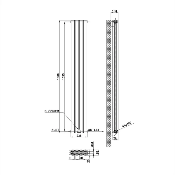 Vertical Designer Oval Column Home Radiator 1600x236mm Double White & Anthracite thumbnail