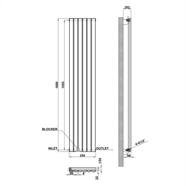 Vertical Designer Oval Column Home Radiator 1600x354mm Single White & Anthracite thumbnail