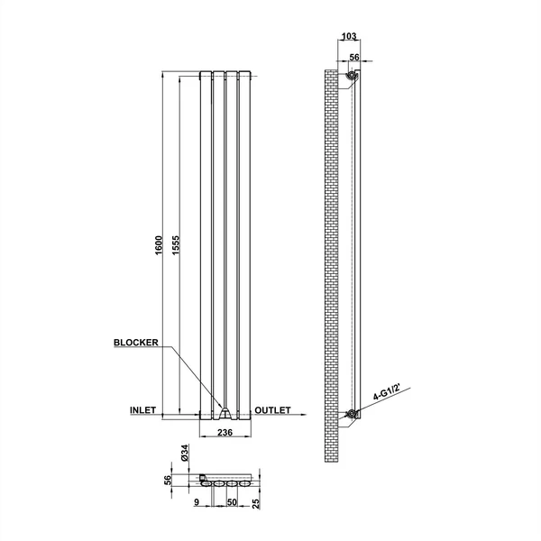 Vertical Designer Oval Column Home Radiator 1600x236mm Single White & Anthracite thumbnail