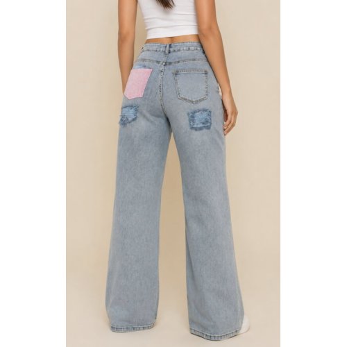 Light Blue Distressed Denim With Rhinestone Back Pocket Jean thumbnail