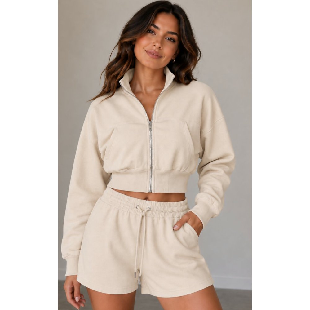 Beige Interlock Zipped Cropped Jacket With Short Set