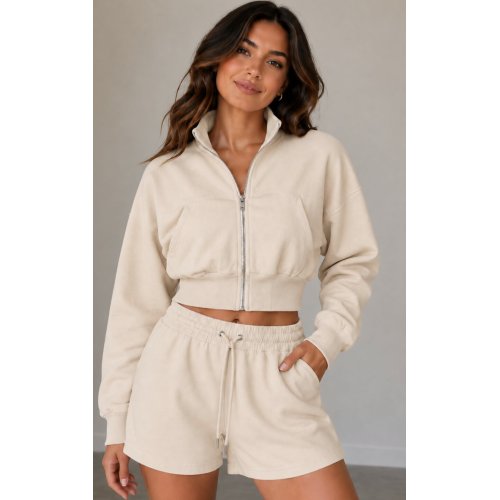Beige Interlock Zipped Cropped Jacket With Short Set thumbnail