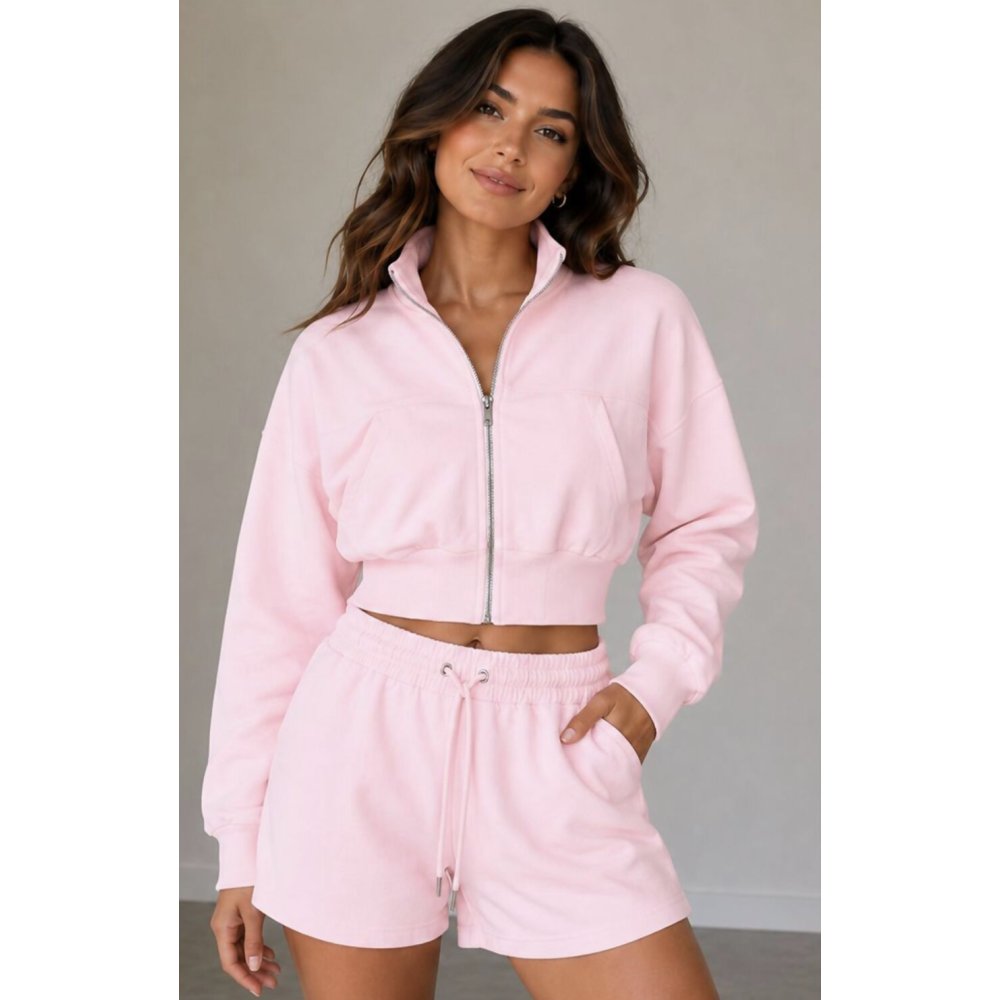 Pink Interlock Zipped Cropped Jacket With Short Set