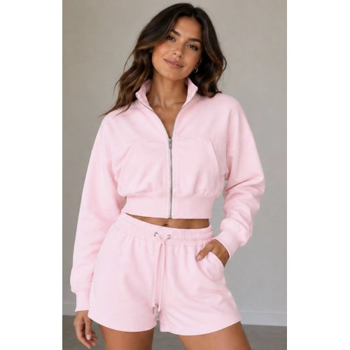 Pink Interlock Zipped Cropped Jacket With Short Set