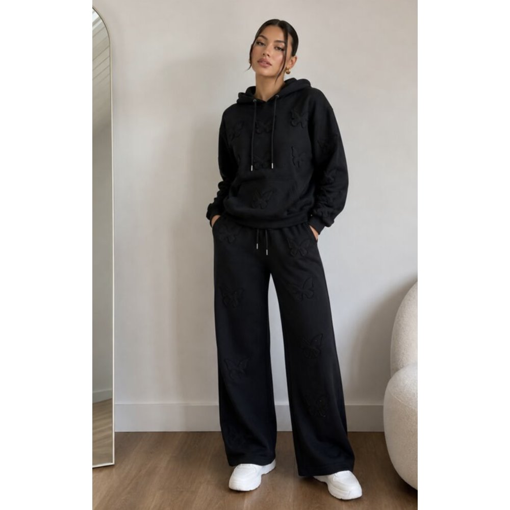 Black Butterfly Embossed Hoodie Straight Leg Jogger
