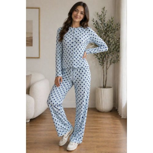 Blue Ribbed Polka Dot Molly Button Top And Wide Leg Trousers