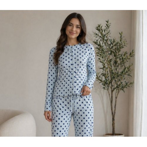 Blue Ribbed Polka Dot Molly Button Top And Wide Leg Trousers thumbnail