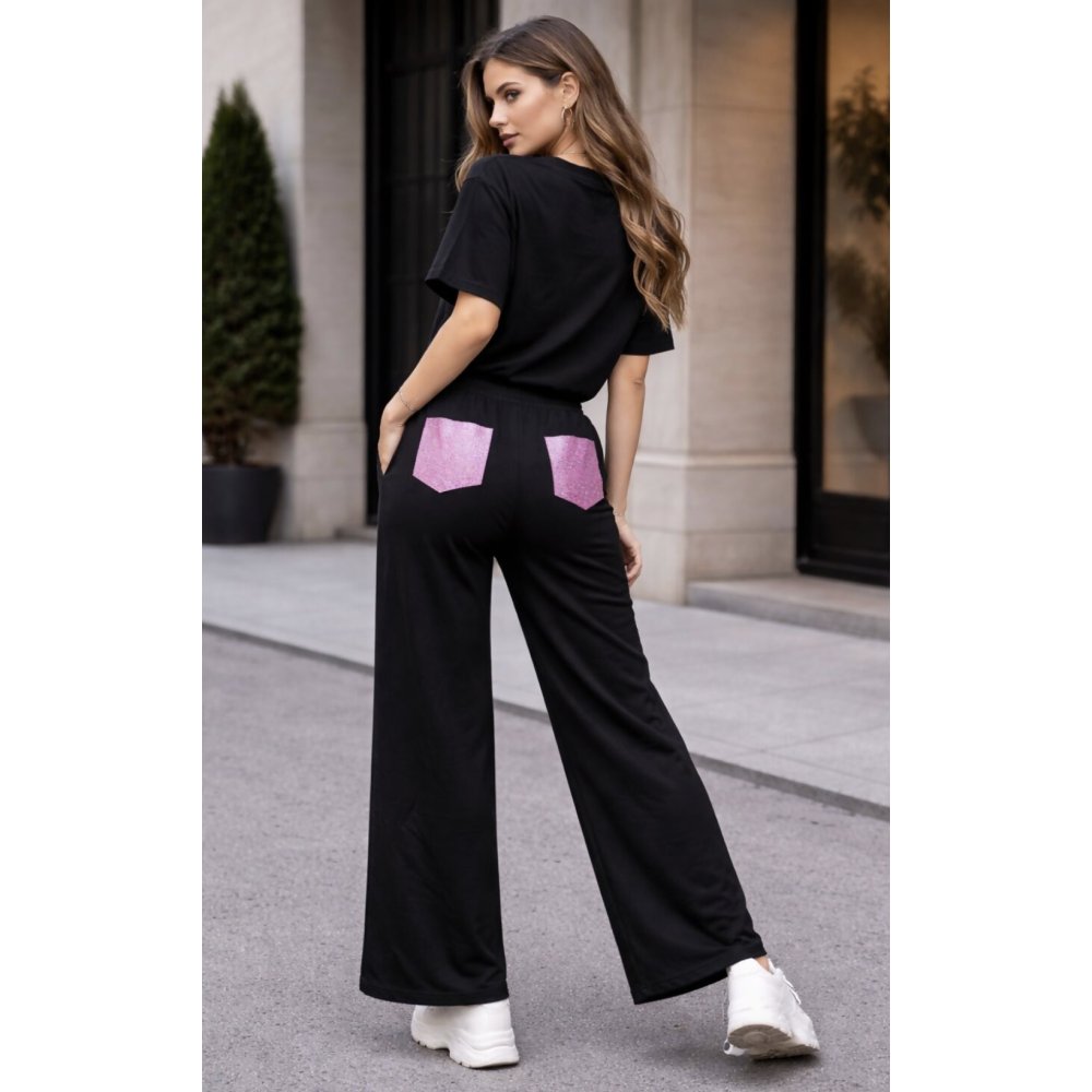 Short Sleeve Pink Glitter Pocket Design T-Shirt With Trouser
