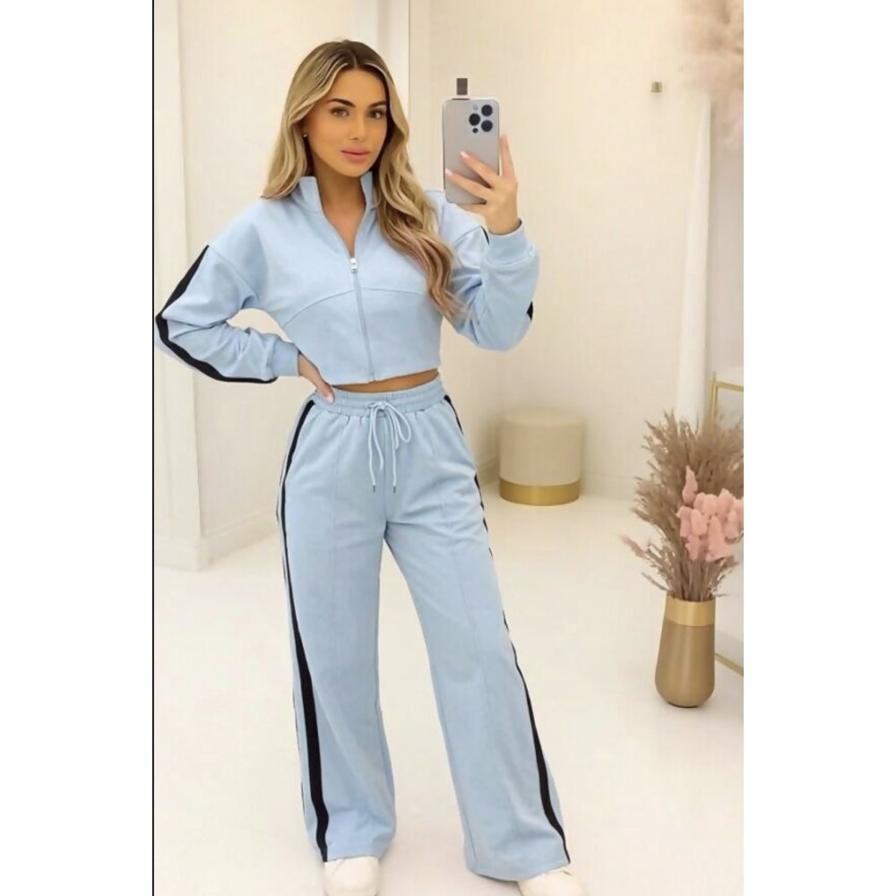 Blue Interlock 2 Stripe Sweatshirt With Wide Leg Trouser