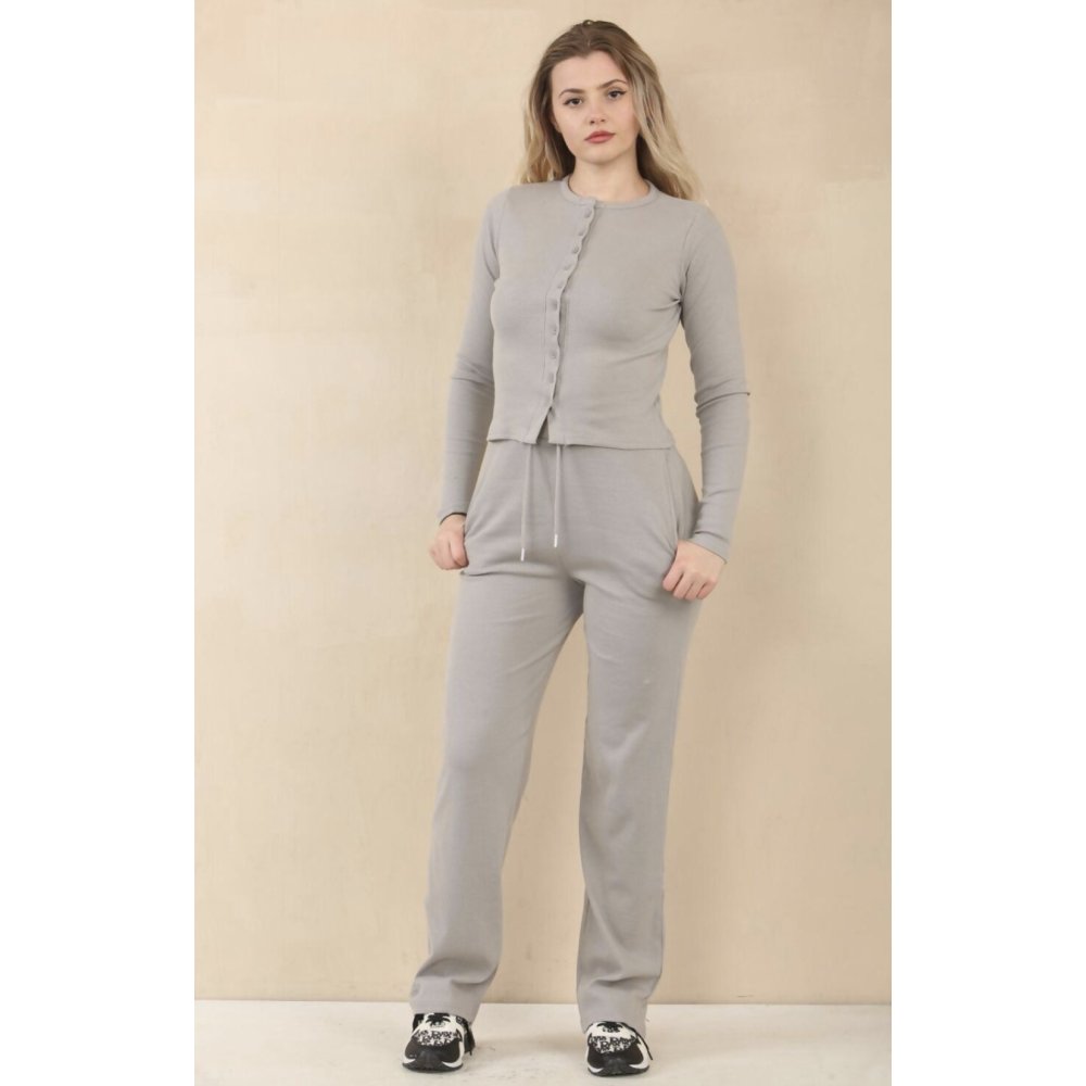 Dove Grey Ribbed Molly Button Through Top and Wide Leg Trousers