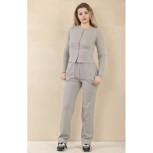 Dove Grey Ribbed Molly Button Through Top and Wide Leg Trousers