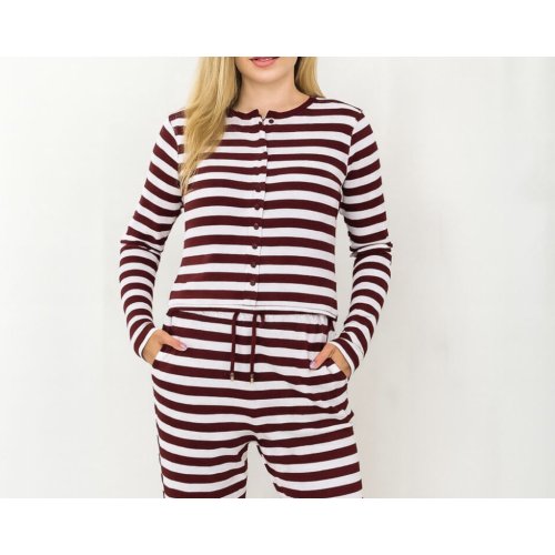 Wine Contrast Striped Molly Button Top and Wide Leg Trousers thumbnail