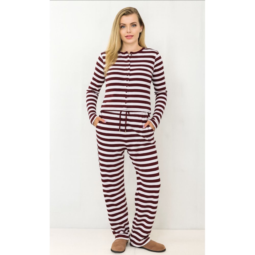 Wine Contrast Striped Molly Button Top and Wide Leg Trousers