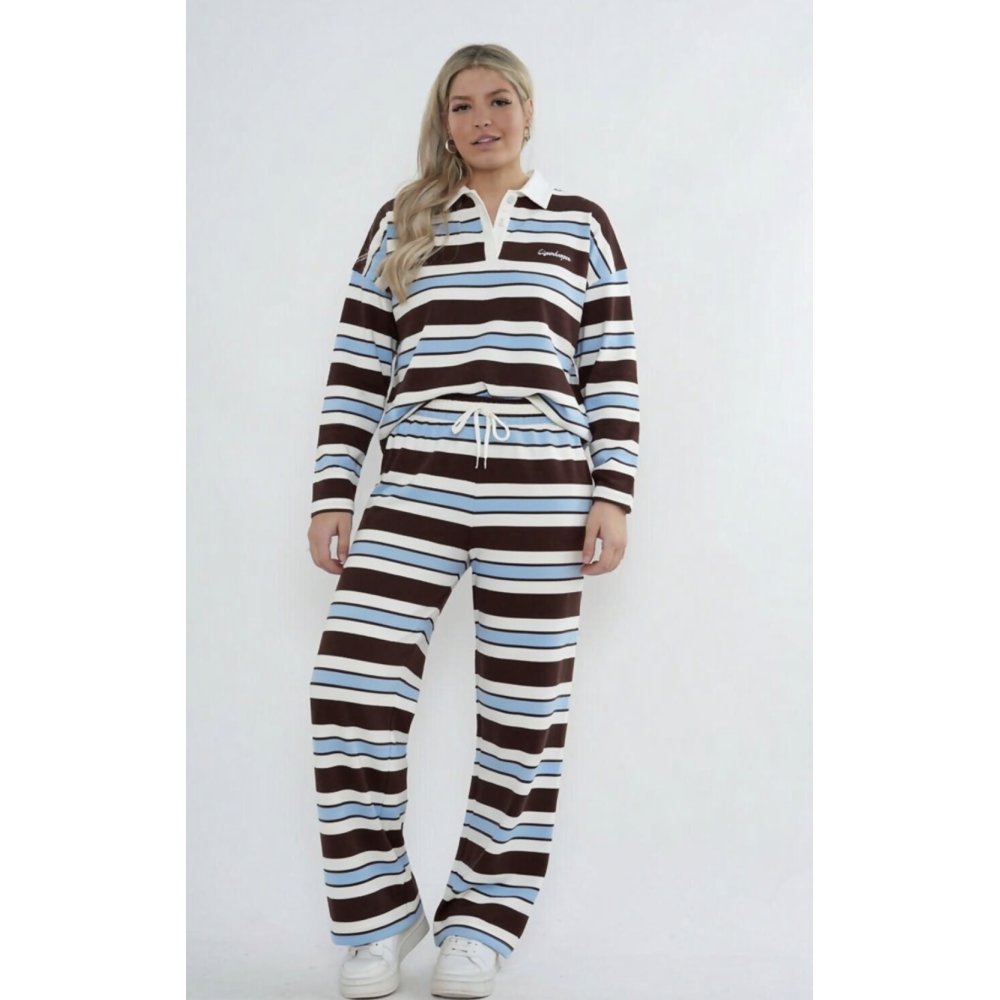 Brown With Blue Rugby Striped Sweatshirt With Wide Leg Trousers