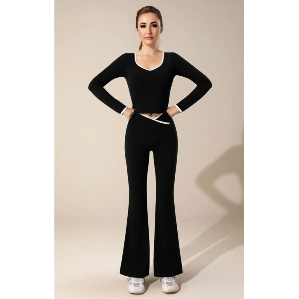 Black Contrast Sculpt V Neck Top And Flared Gym Set
