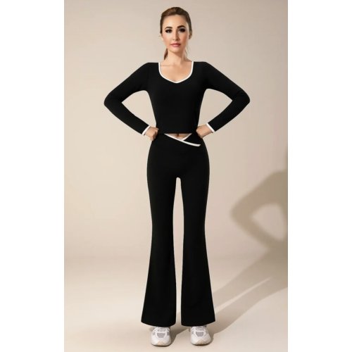 Black Contrast Sculpt V Neck Top And Flared Gym Set
