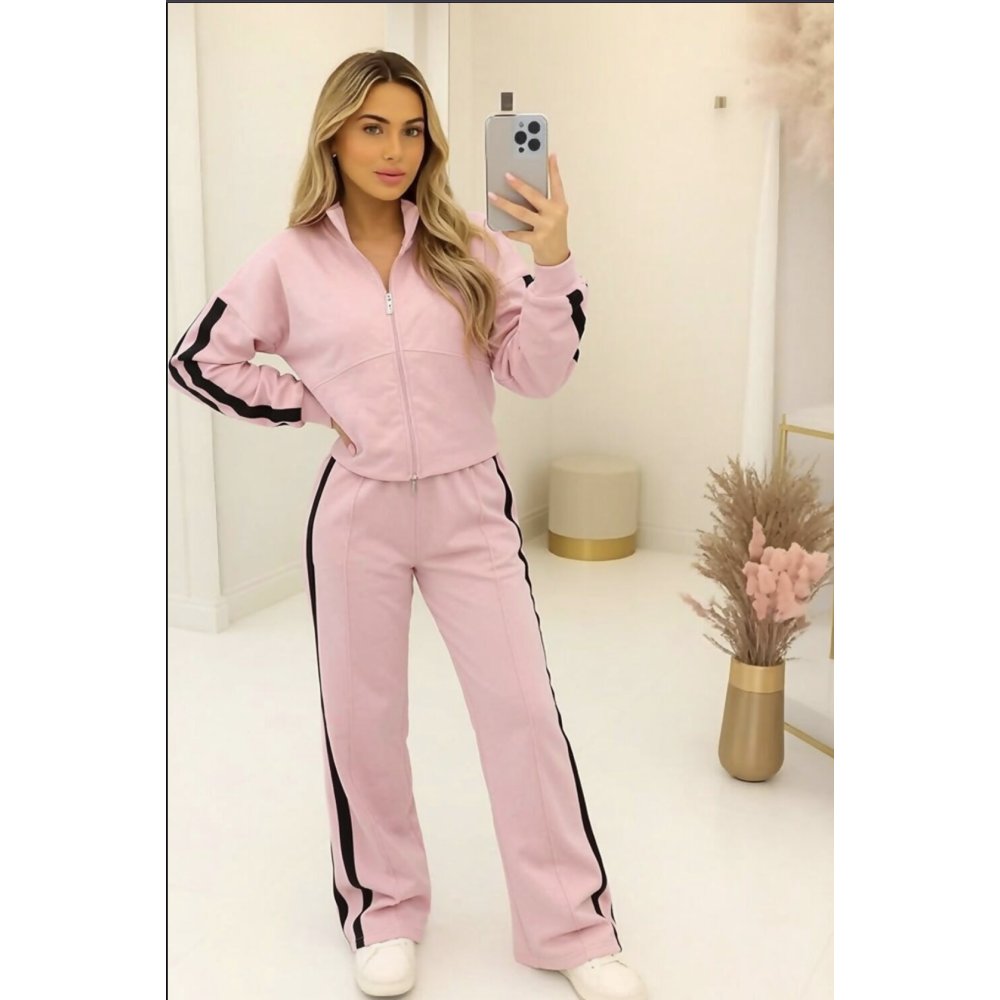 Pink Interlock 2 Stripe Sweatshirt With Wide Leg Trouser