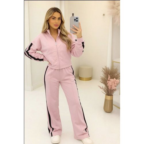 Pink Interlock 2 Stripe Sweatshirt With Wide Leg Trouser