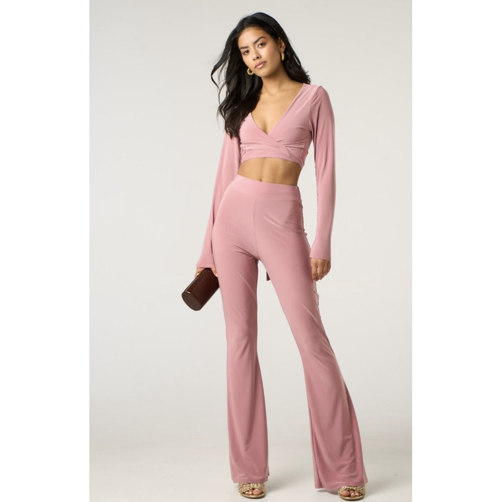 Nude Long Sleeve Tie Front Crop Top With High Waist Flare Pants