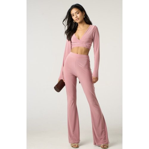 Nude Long Sleeve Tie Front Crop Top With High Waist Flare Pants