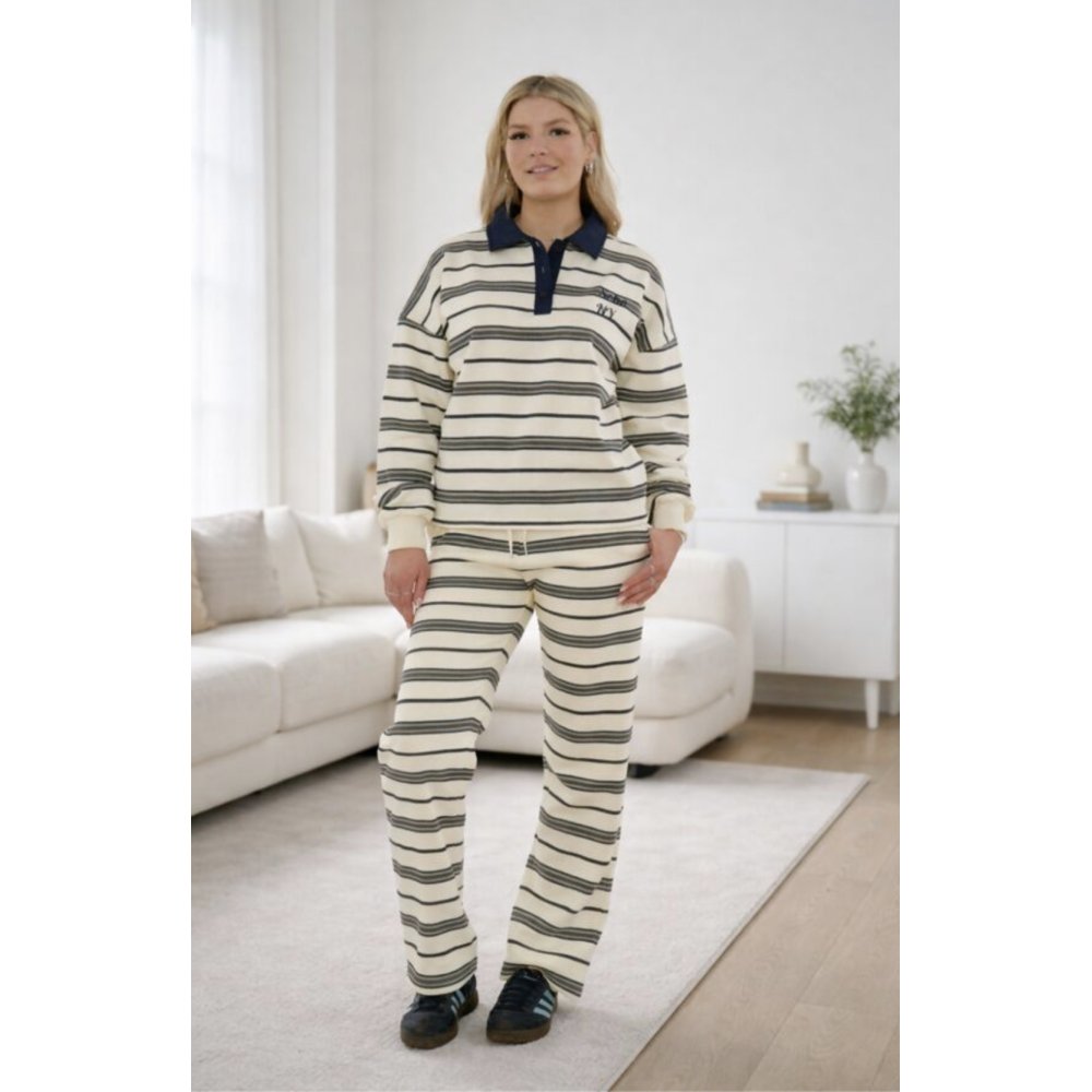 Navy Striped Rugby Collar SOHO Printed Sweatshirt With Trouser