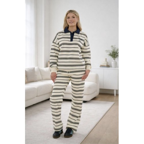 Navy Striped Rugby Collar SOHO Printed Sweatshirt With Trouser