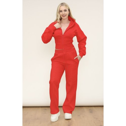 Red Ribbed Corset Fit Hoodie With Straight Leg Trouser