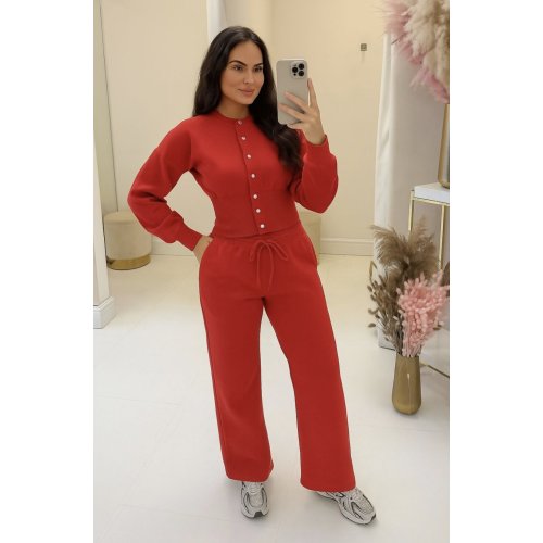 Red Snap Buttons Corset Fit Sweatshirt With Wide Leg Trouser
