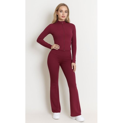 Wine Active Zipped Jacket With Scrunch Bum Flare Trouser