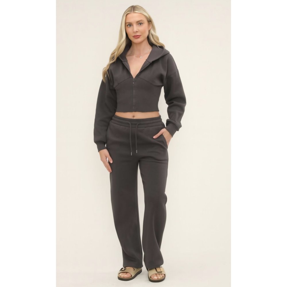 Slate Grey Ribbed Corset Fit Hoodie With Straight Leg Trouser