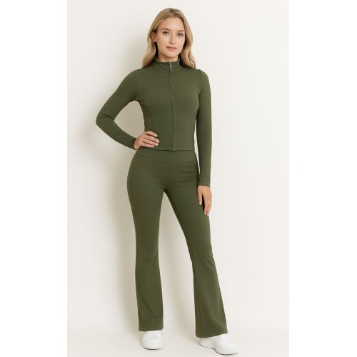 Khaki Active Zipped Jacket With Scrunch Bum Flare Trouser