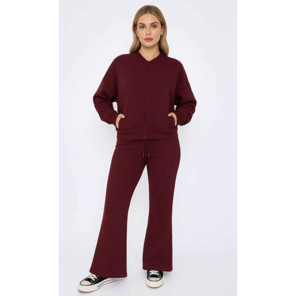 Wine Bomber Sweatshirt With Flared Trouser