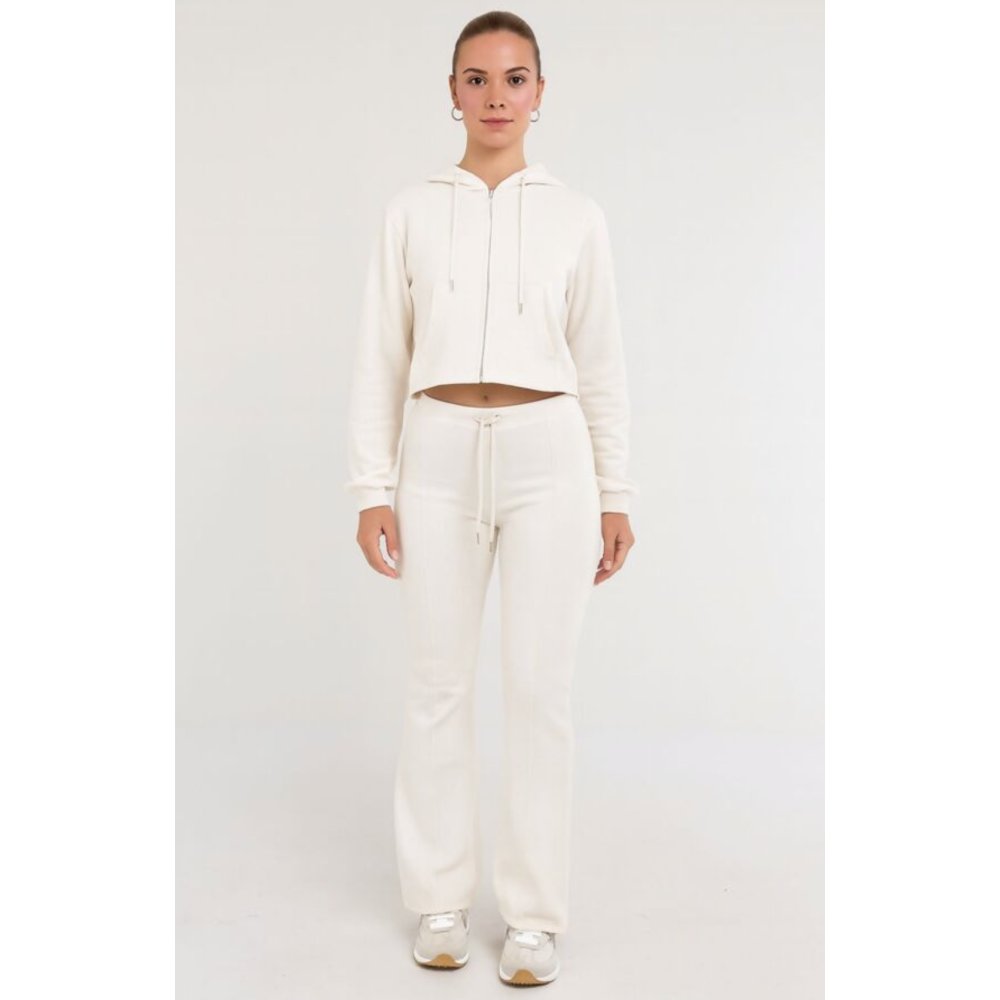 Ivory Cropped Zipped Hoodie With Bell Bottom Trouser