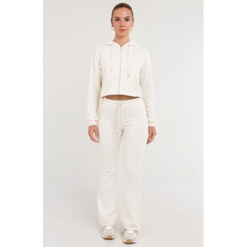 Ivory Cropped Zipped Hoodie With Bell Bottom Trouser