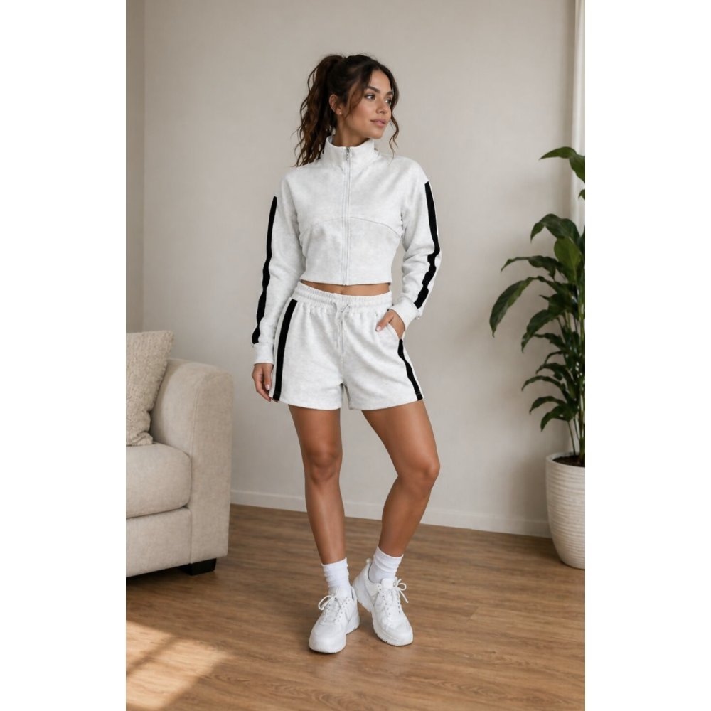 Bleach Grey Interlock 2 Stripe Sweatshirt With Short Co-Ord Set