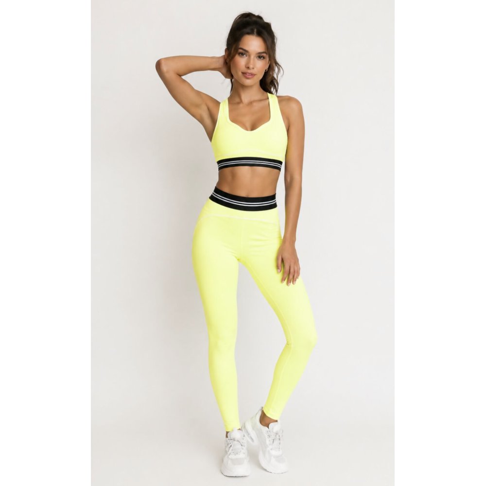 Yellow Striped Band Gym Crop Top And Legging Set