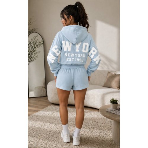 Blue Oversized New York Printed Hoodie With Shorts Set