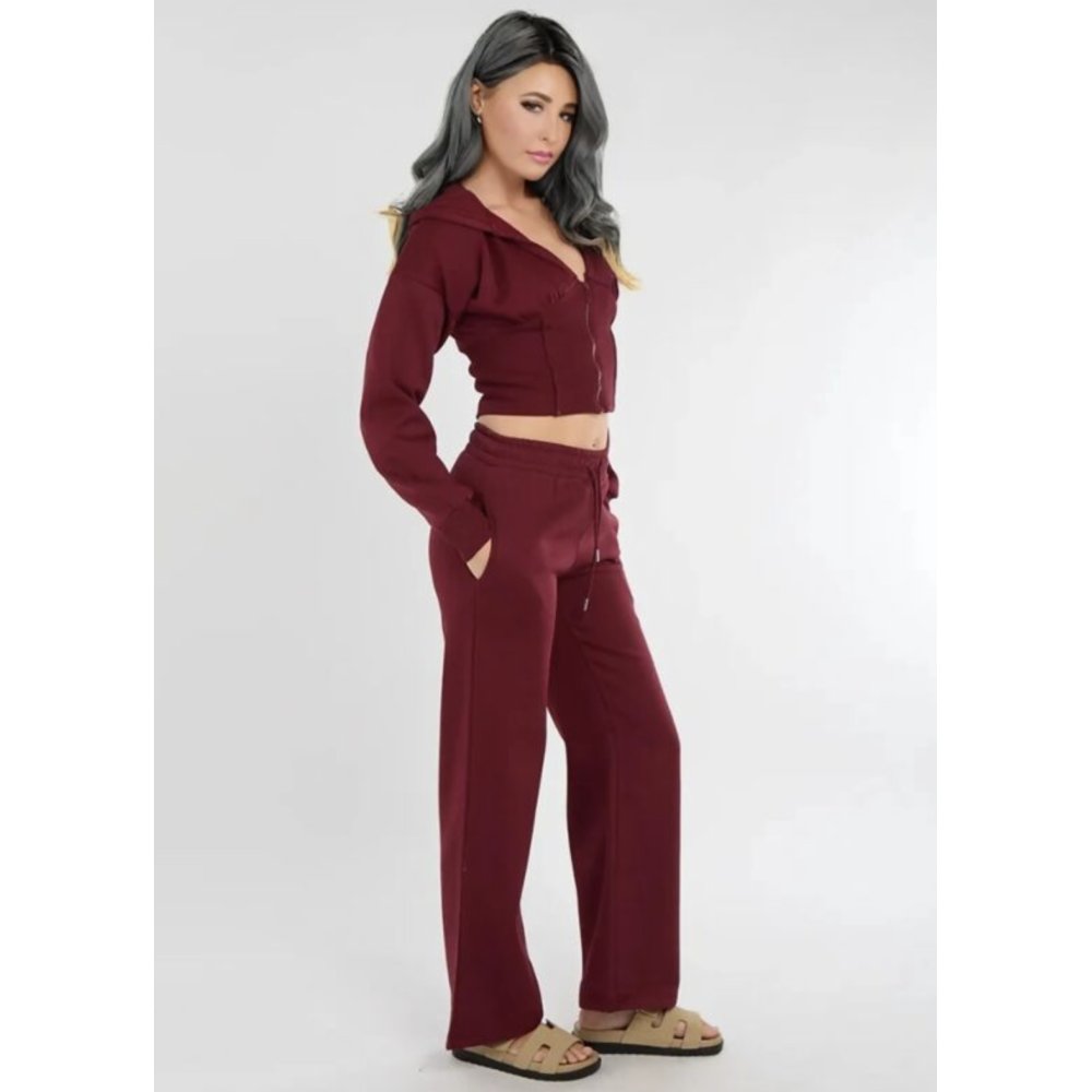 Wine Ribbed Corset Fit Hoodie With Straight Leg Trouser