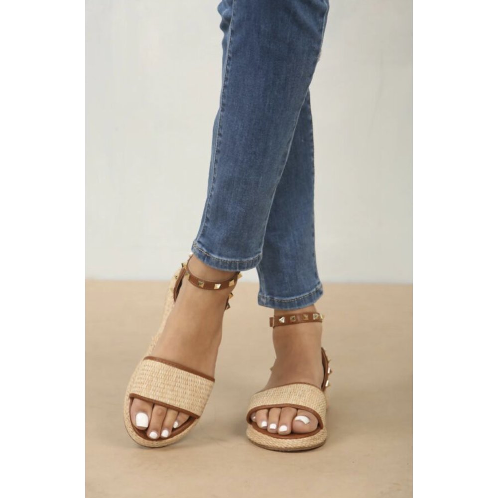 Tan Studded Raffia Closed Back Ankle Strap Sandals