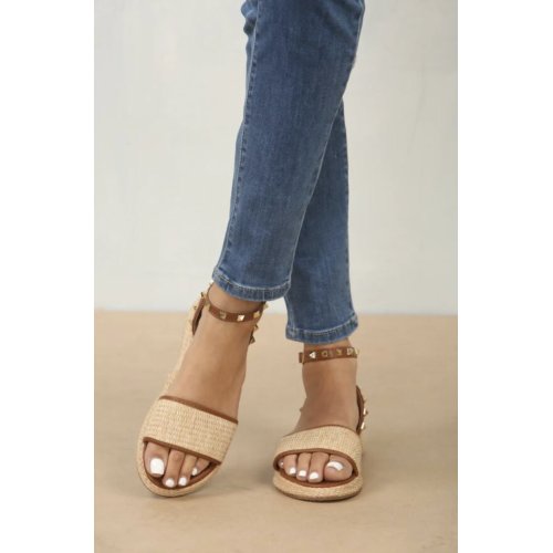 Tan Studded Raffia Closed Back Ankle Strap Sandals
