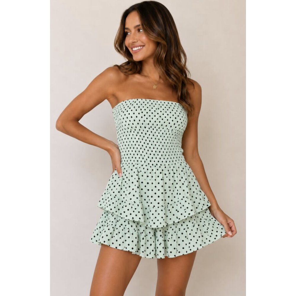 Polka Dot Shirred High Waist Frill Playsuit