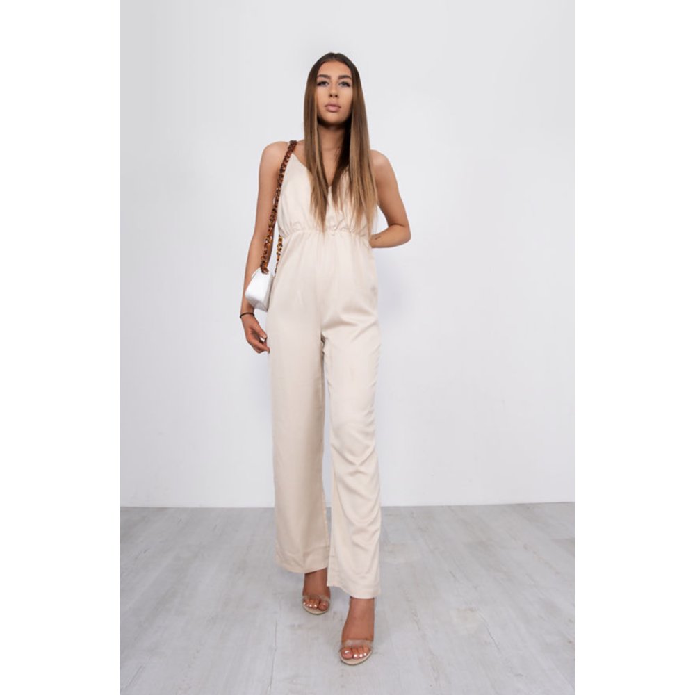 Beige Plunge Wide Leg Jumpsuit