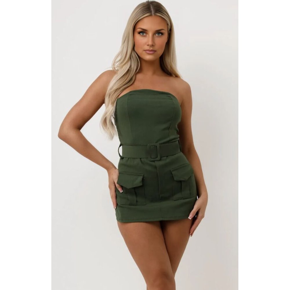 Khaki Cargo Pocket Belted Skort Playsuit