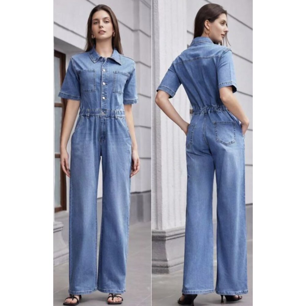Short Sleeve Elastic Waist Denim Jumpsuit