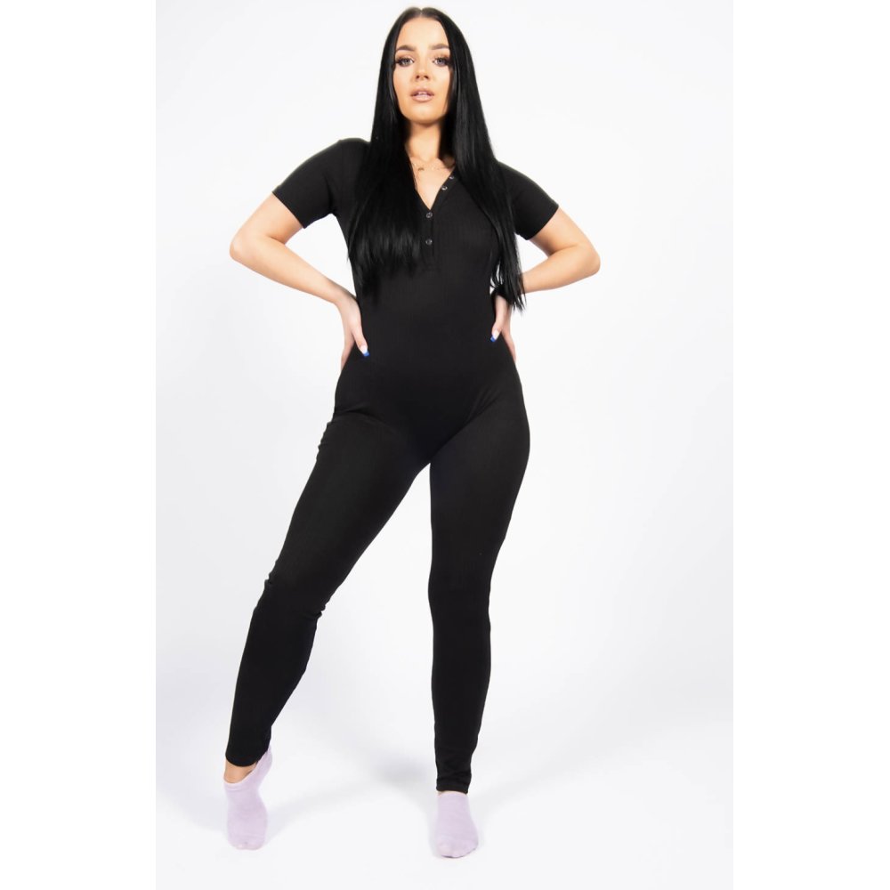 Black Rib Button Up Short Sleeve Jumpsuit