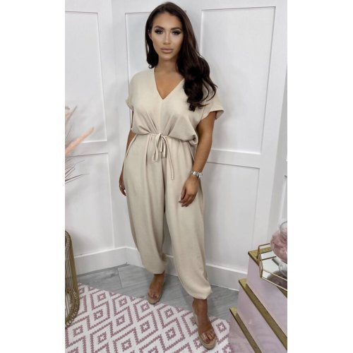 Beige Tie Waist Harem Jumpsuit