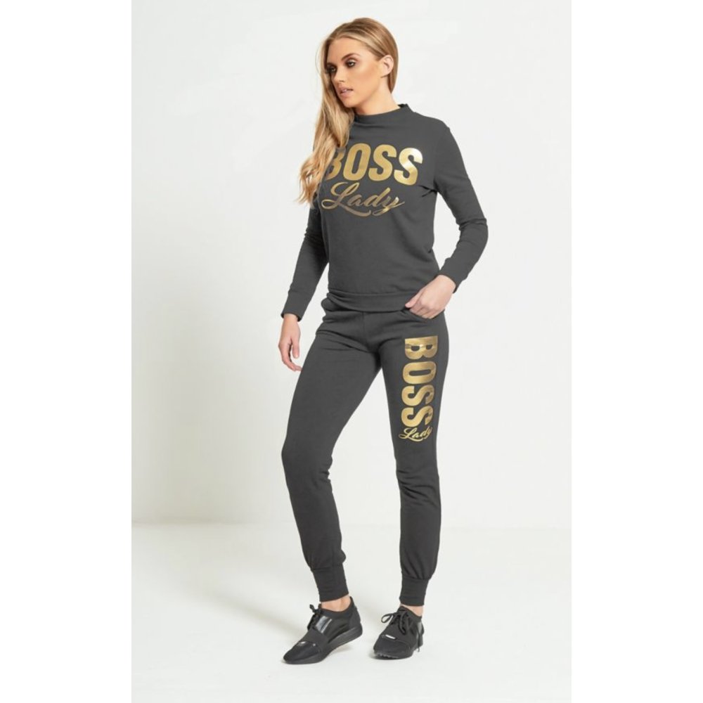 Plus Size Charcoal Boss Lady Customized Tracksuit